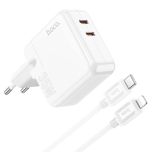 Hoco (C110A) Сетевое зарядное устройство + кабель Lightning, 35W, 2xUSB-C, PD, белое