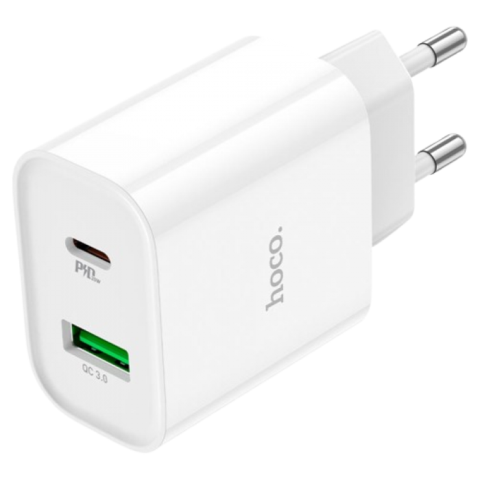 Hoco (C80A Plus) Сетевое зарядное устройство, 20W, 5V, 3.1A, 1xUSB-C, 1xUSB-A, PD, QC 3.0, белое