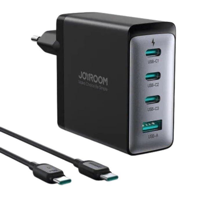 Joyroom (JR-TCG04EU) Мережевий зарядний пристрій + кабель USB-C, GaN, 100W, 5V, 3xUSB-C, 1xUSB-A, PD, QC 3.0, чорний