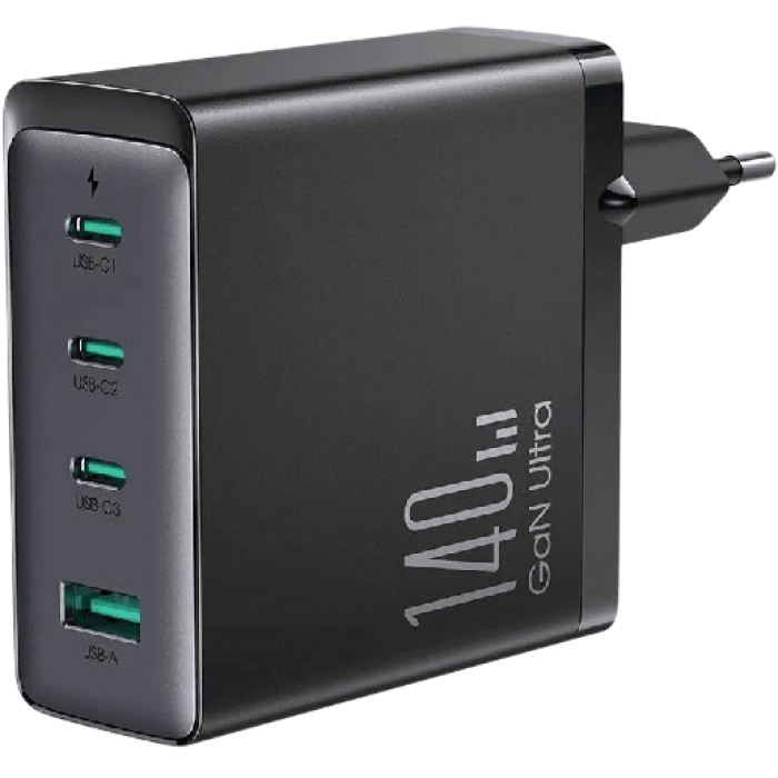 Joyroom (JR-TCG05EU) Мережевий зарядний пристрій + кабель USB-C, GaN, 140W, 5V, 3xUSB-C, 1xUSB-A, PD, QC 3.0, чорний