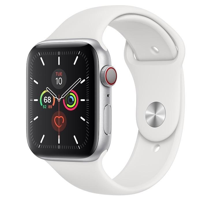 Apple Watch Series 5 GPS + LTE, 44mm Silver Aluminum Case with White Sport Band (MWVY2)