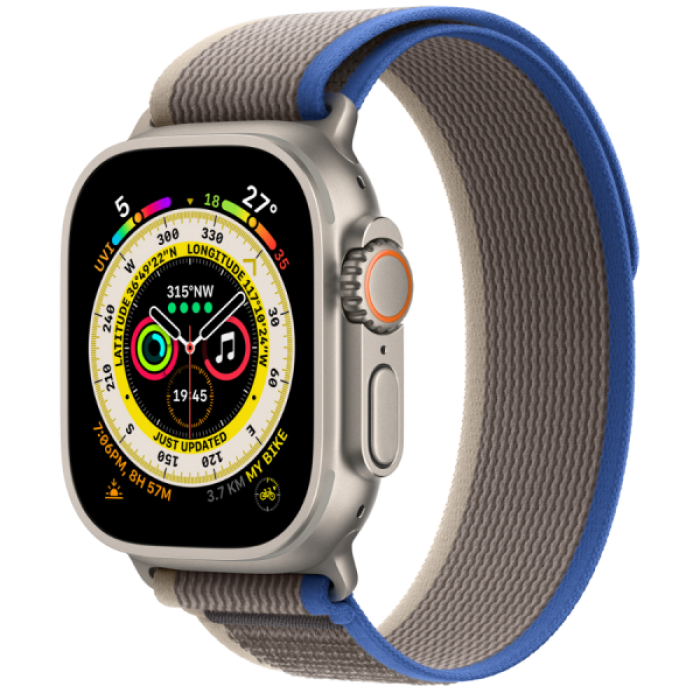 Apple Watch Ultra GPS + Cellular 49mm Titanium Case with Blue/Gray Trail Loop M/L