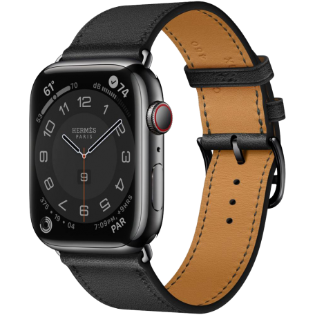 Apple Watch Hermes Series 7 GPS + Cellular 45mm Space Black Stainless Steel Case with Noir Swift Leather Single Tour